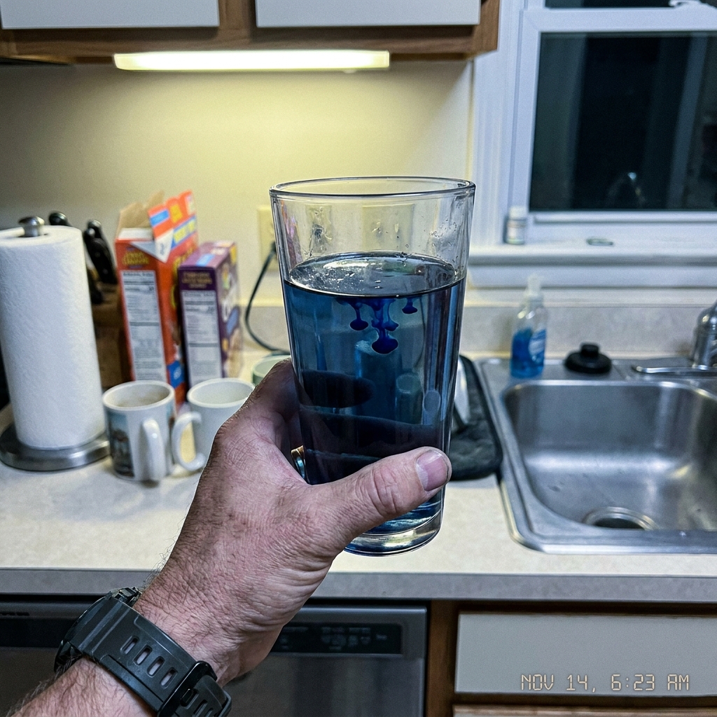 A veteran holds a glass of water with methylene blue drops dispersing, just before his morning dose