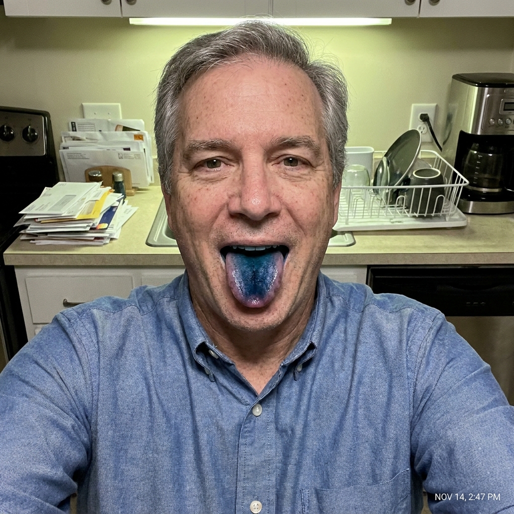 Joel shows his blue-stained tongue, a sign methylene blue is in his system